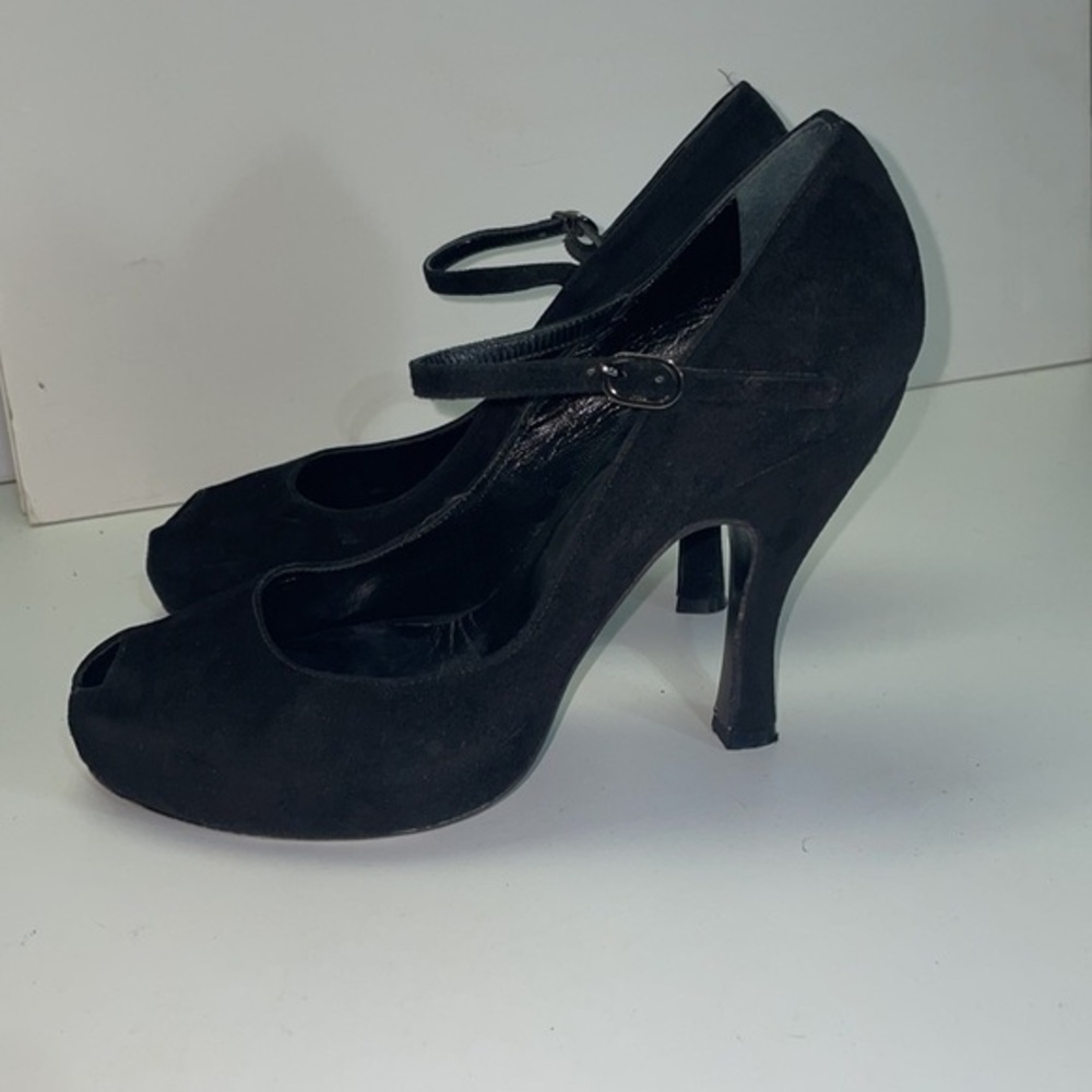 🐦⬛Strategia Black suede, Mary Jane peep toe heels